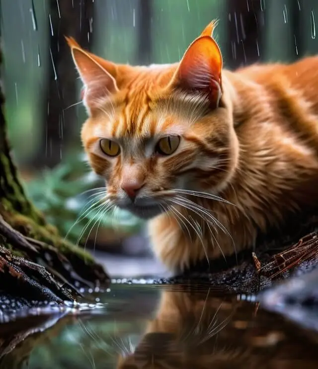 Maine Coon is walking on water in a bad mood.