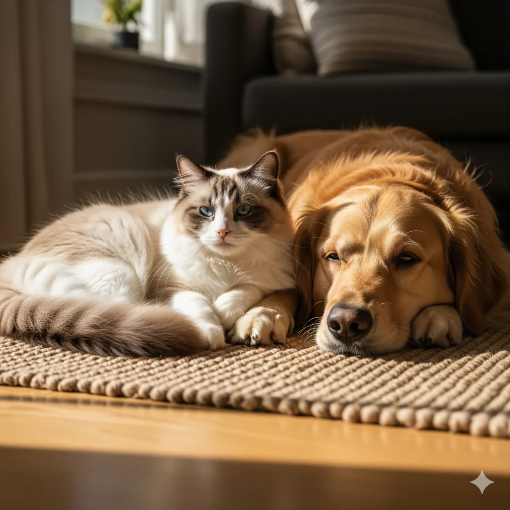 A Ragdoll lounging peacefully beside a dog.