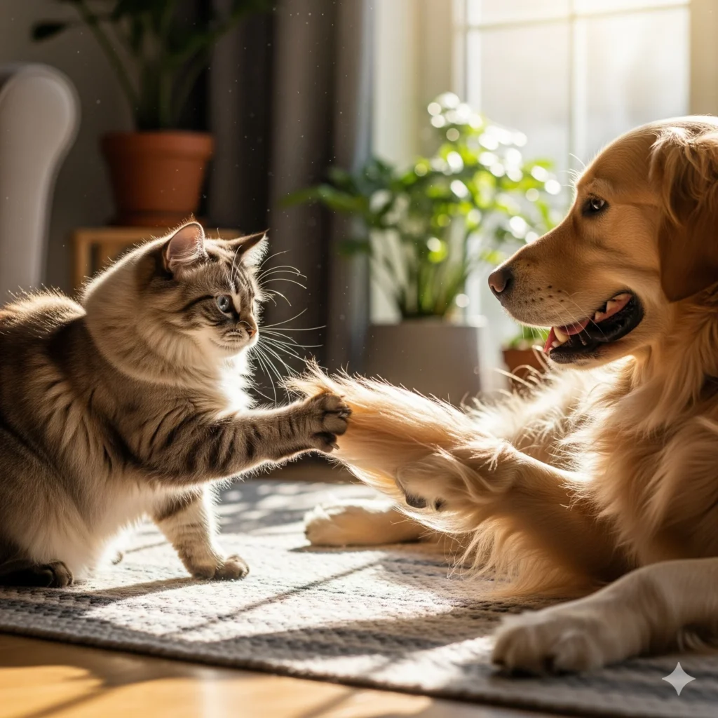 📸 Picture suggestion: A Siberian cat playfully pawing at a dog’s tail.