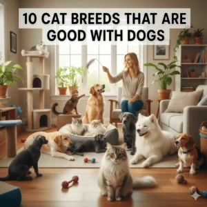 different cat breeds playing with dogs
