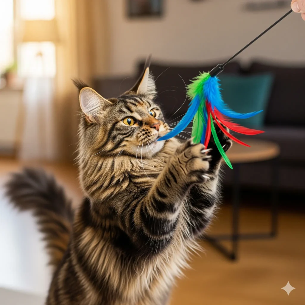A Mainecoon is playing with toys with owner.