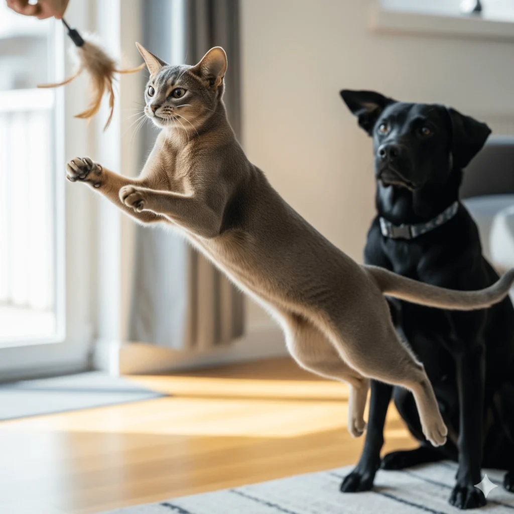 An Abyssinian cat chasing a toy while a dog looks on.