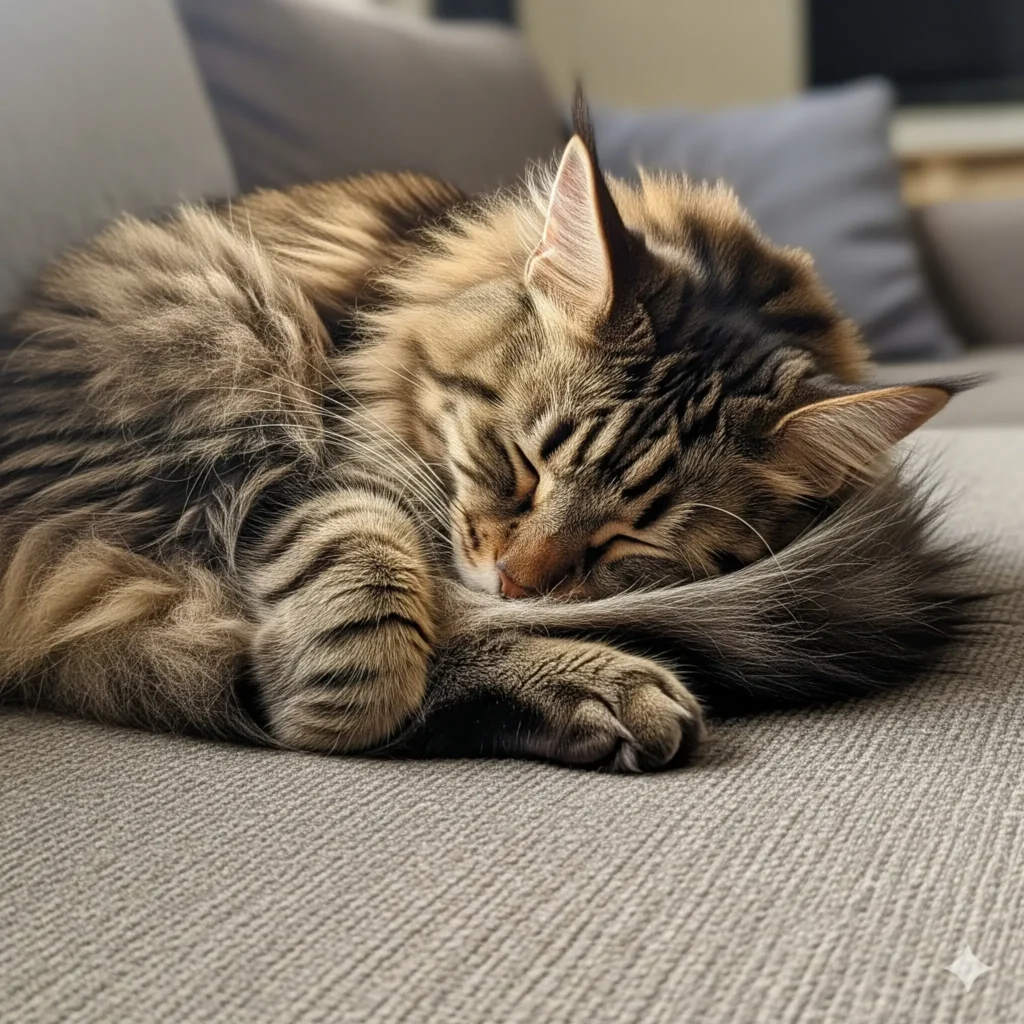 A brown Mainecoon is feeling loneliness and sleeping on carpet.