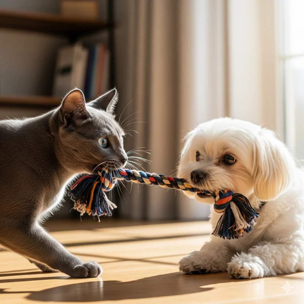 A Tonkinese cat and a dog playing with the same toy.