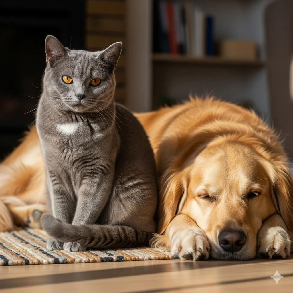 A Chartreux cat sitting comfortably beside a resting dog.
