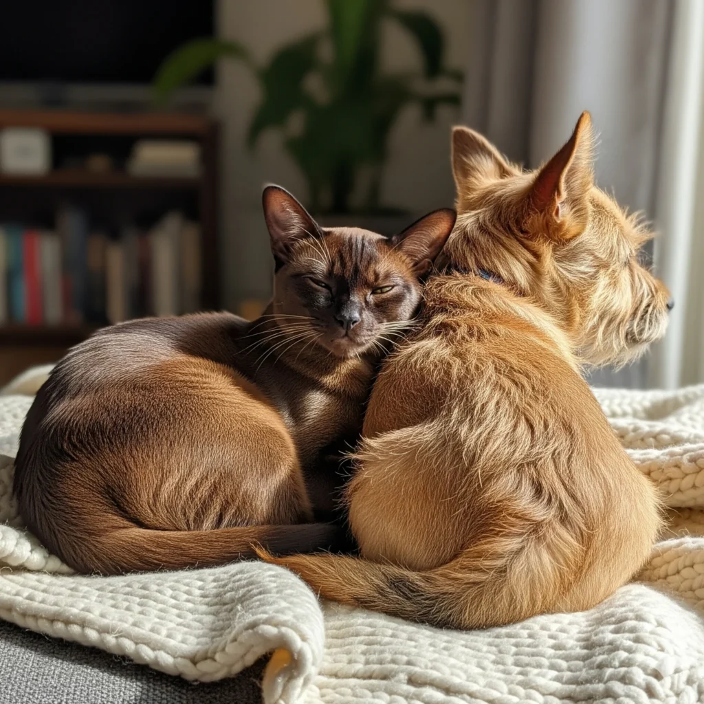 A Burmese cat cuddled up next to a small dog.