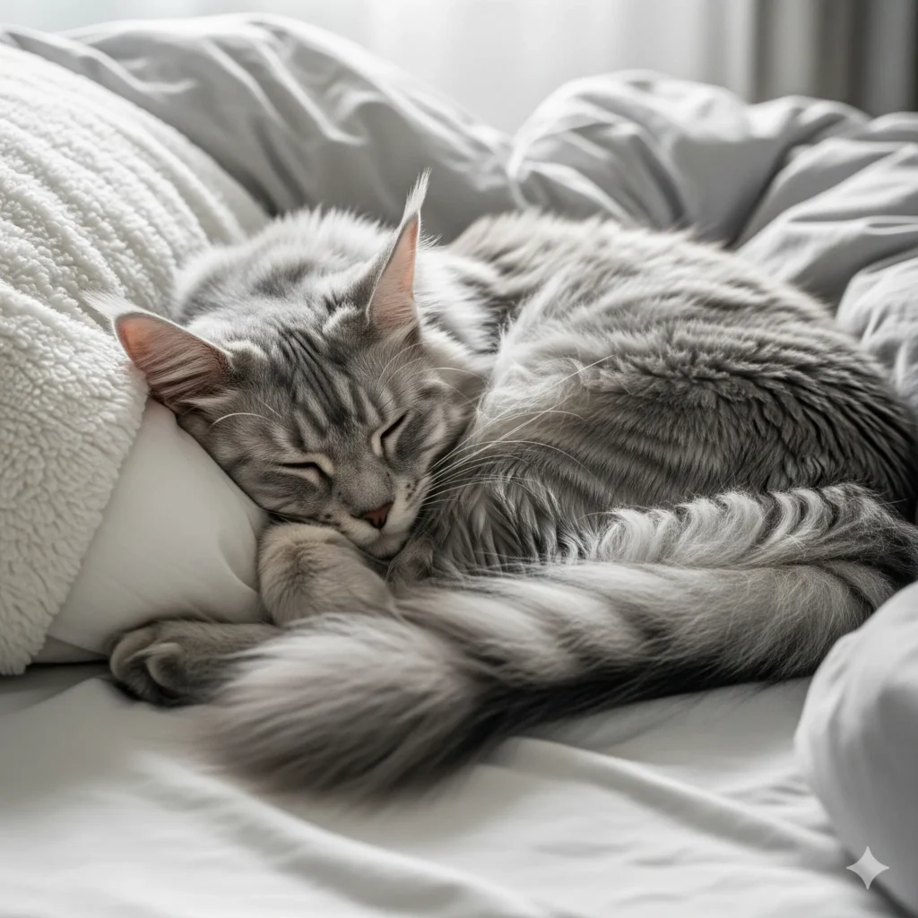 A grey Mainecoon is sleeping peacefully over its bed.