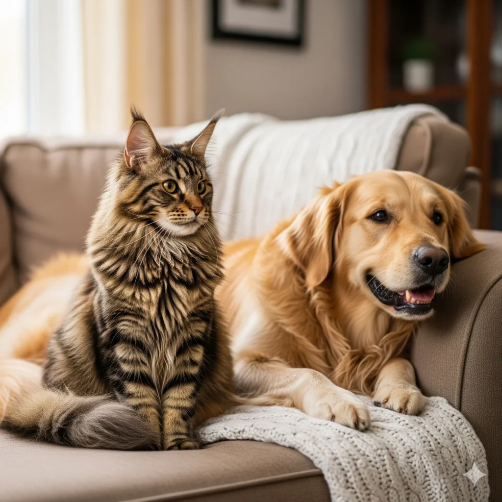 A Maine Coon cat sitting next to a dog on the couch.