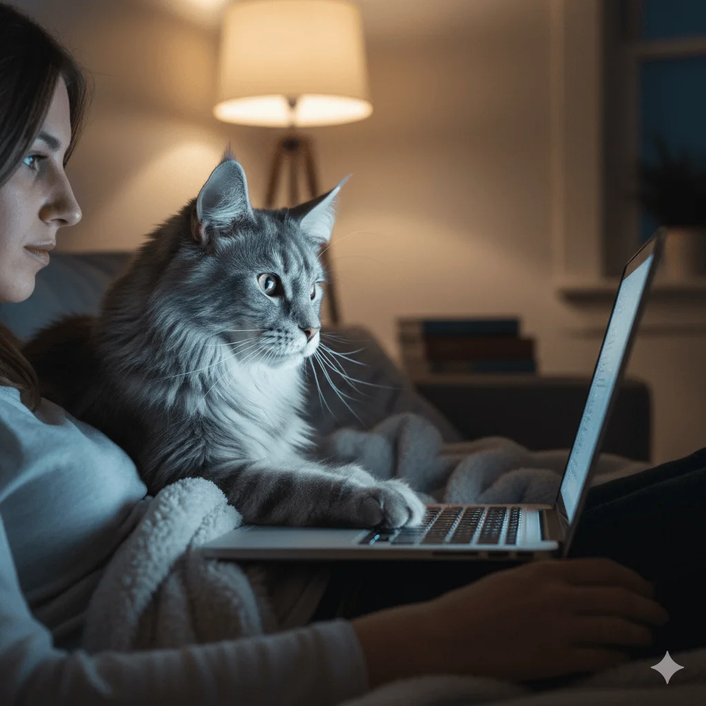 curious observer Maine Coon watching owner work on a laptop