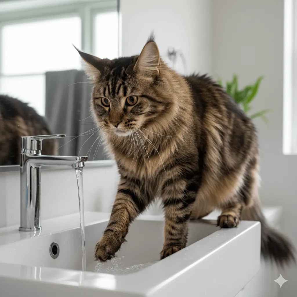 Maine Coon pawing at water bowl or near a sink