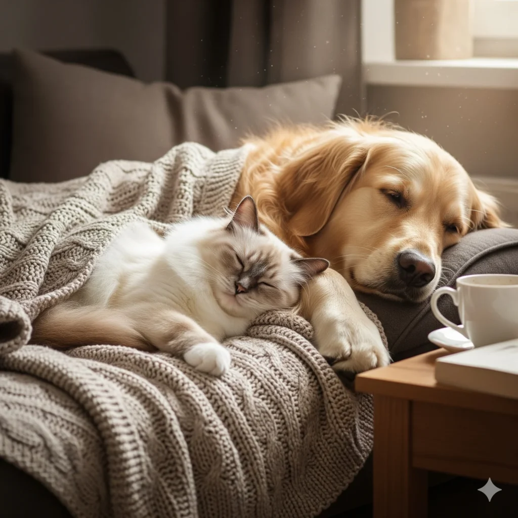 A Birman cat and a dog sharing a cozy blanket.