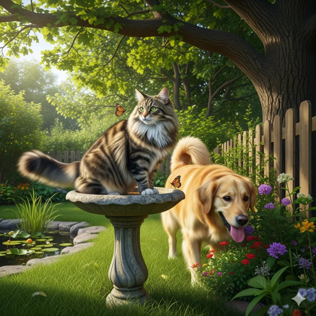 A Norwegian Forest Cat and a dog exploring a backyard together.