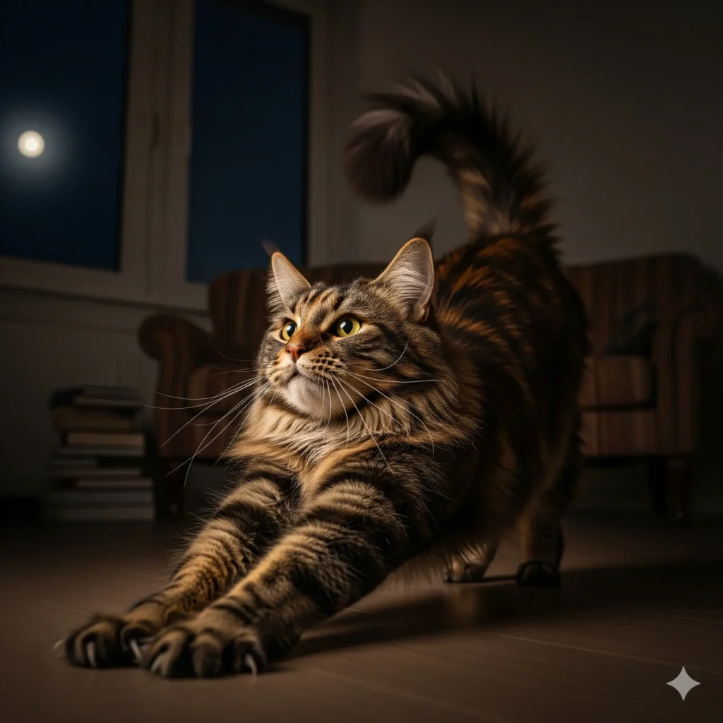 A Mainecoon is looking more active and scratching nails on floor.