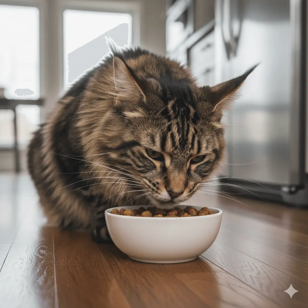 MaineCoon is eating food from its bowl.