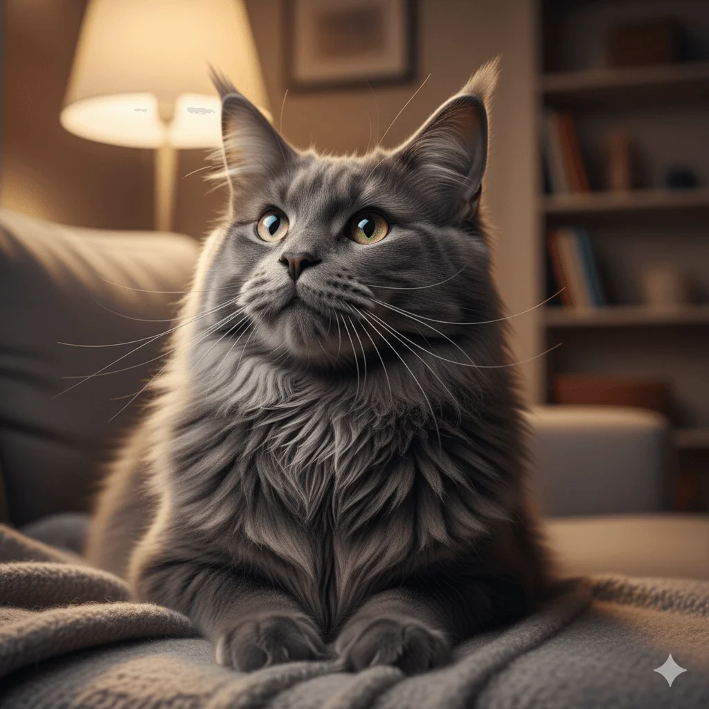 A Maine coon personality traits is looing its owner very anxiously.