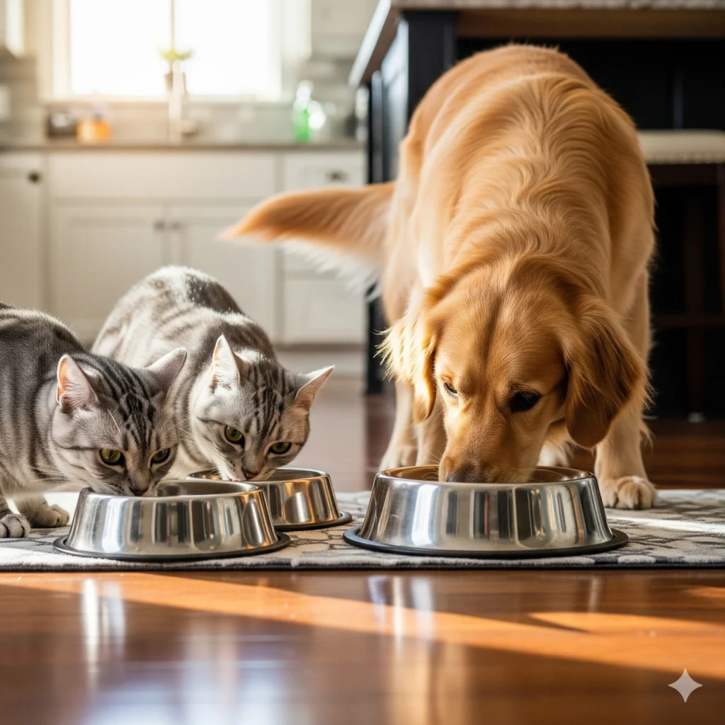 An American Shorthair and a dog eating from separate bowls side by side.