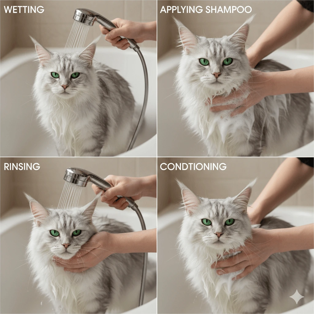 how to bathe a Maine Coon ?wetting applying shampoo,rinsing and than cleaining