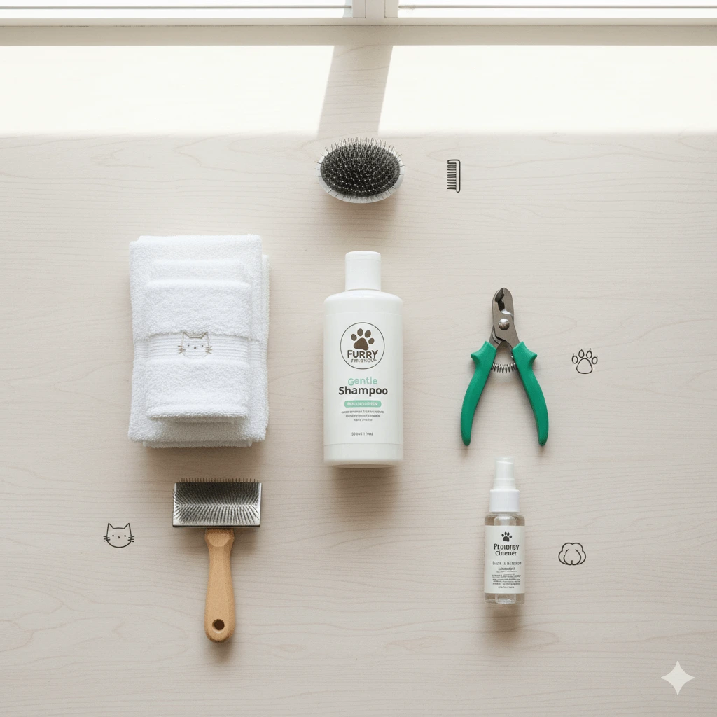 A neatly arranged set of cat grooming supplies (shampoo, towels, brush, etc.).