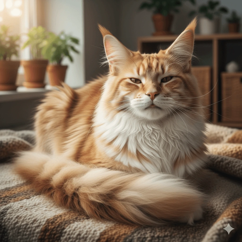 A clean, fluffy Maine Coon looking happy or relaxed.