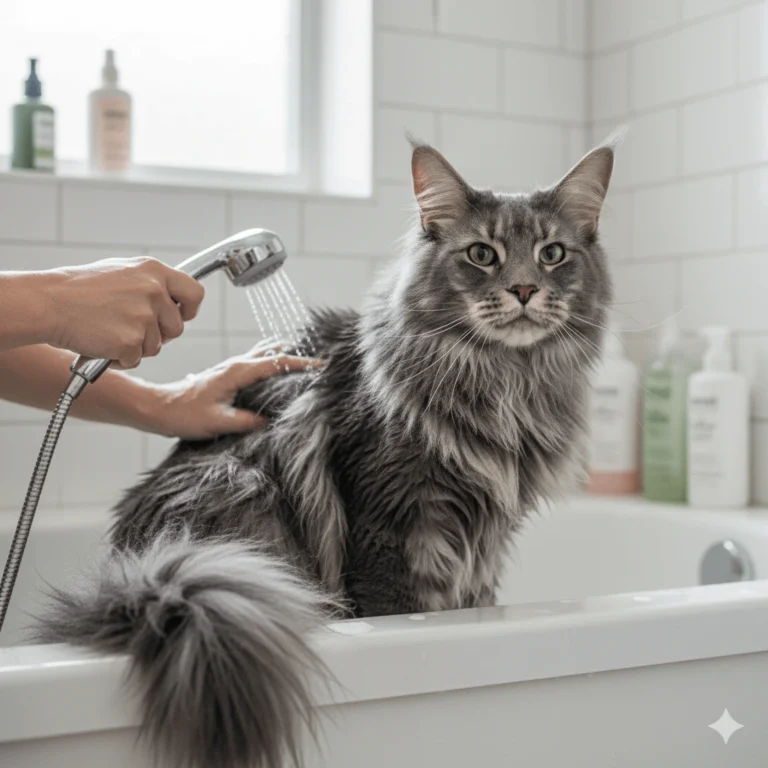 Maine coon is taking bath with shower
