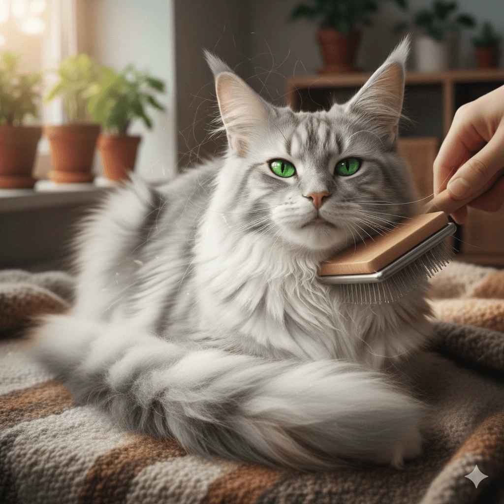 A silver Maine Coon is being brushed.