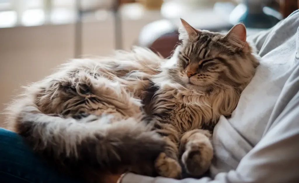 A fluffy tabby long-haired cat curled up asleep against its owner's side on a sofa
