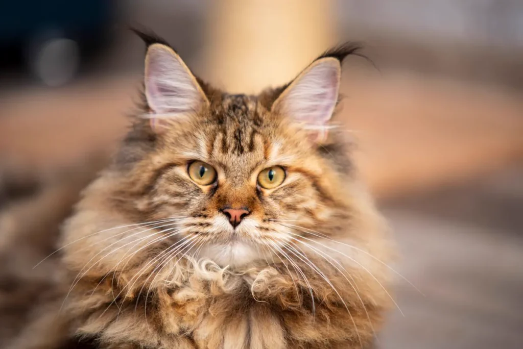 Close-up of a young Maine Coon with bright, clear golden eyes and a thick healthy tabby coat