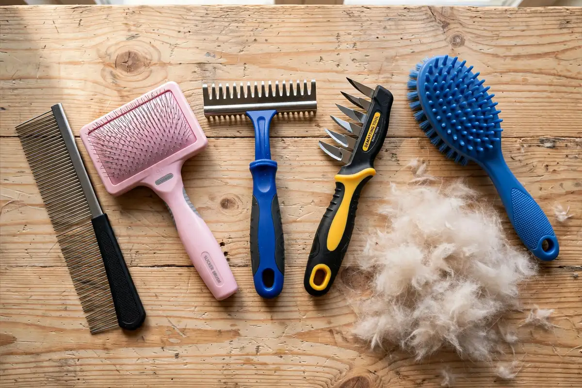 Five essential grooming tools for Maine Coon cats laid out on a table