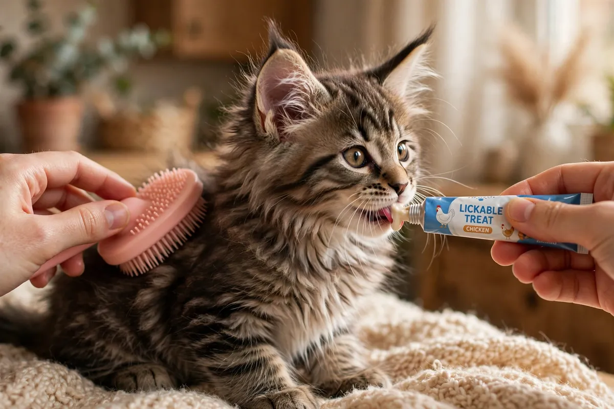Maine Coon kitten getting used to grooming with treats and a soft brush