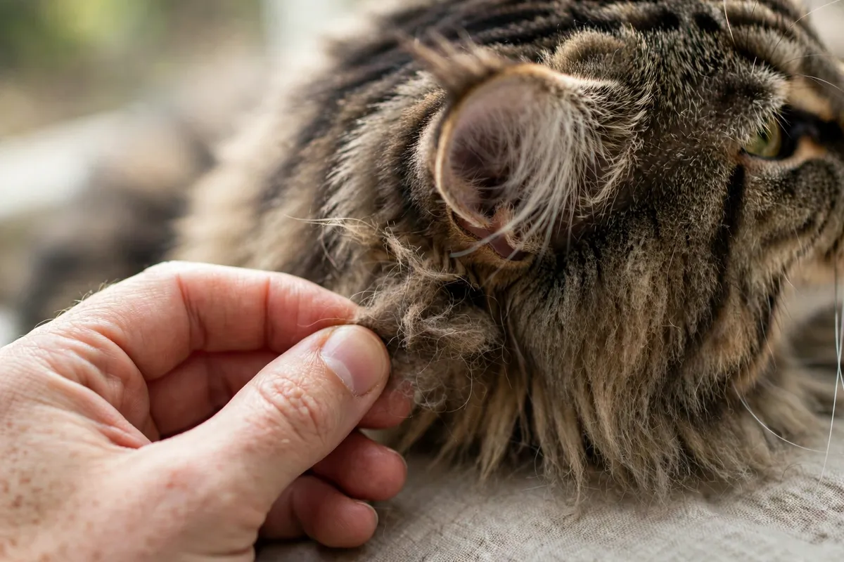 Gently working out a small mat behind a Maine Coon's ear