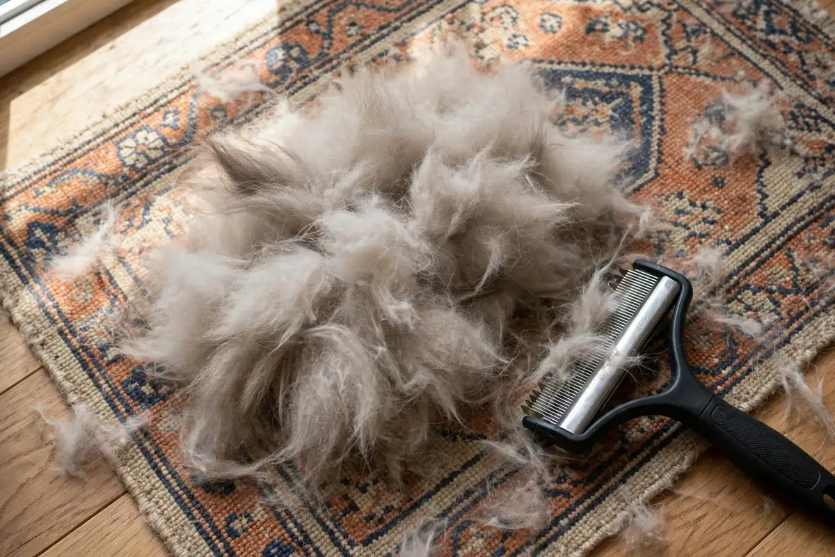 Pile of undercoat fur removed from a Maine Coon during spring shedding season