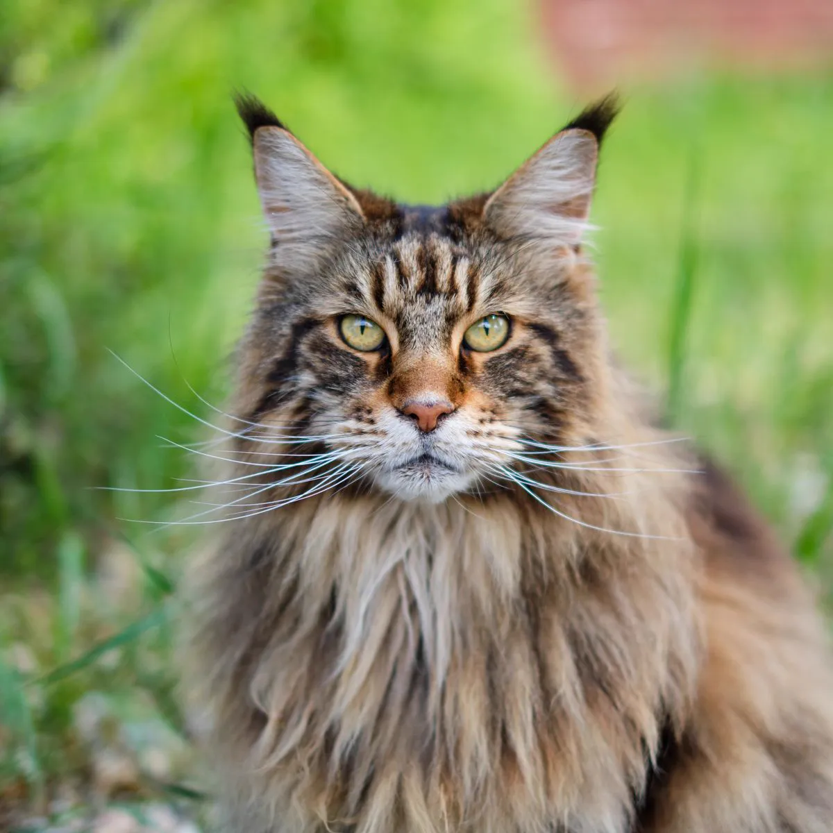 A majestic brown tabby Maine Coon with ear tufts and a full ruff sitting upright and gazing at the camera