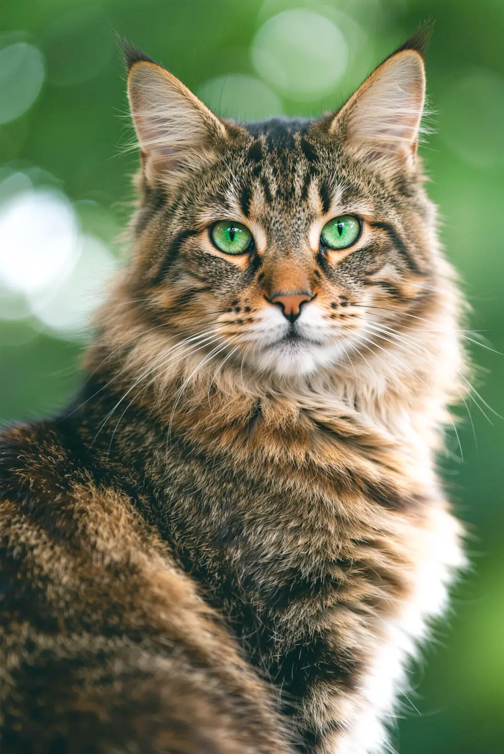 Close-up portrait of a brown tabby Maine Coon with vivid green eyes looking at the camera