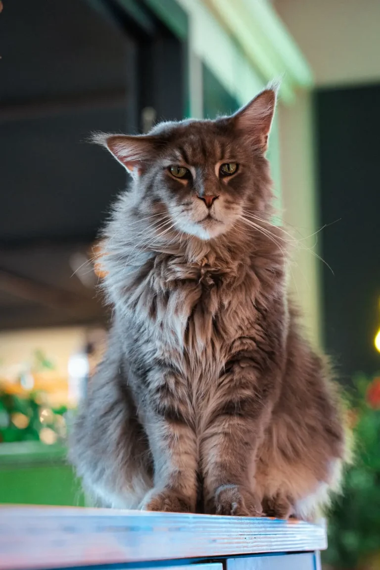 Adult grey Maine Coon cat sitting alert in a sunlit living room