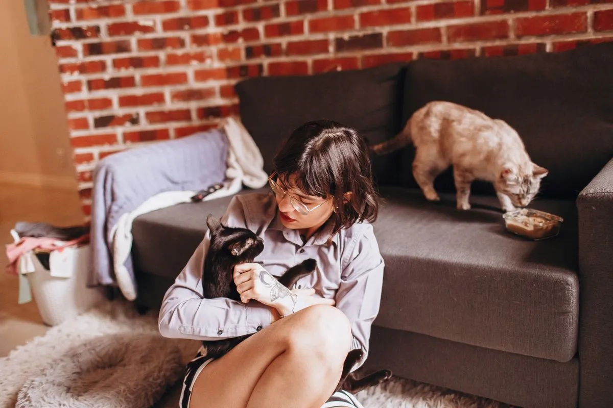 Woman cuddling a black cat on a couch at home