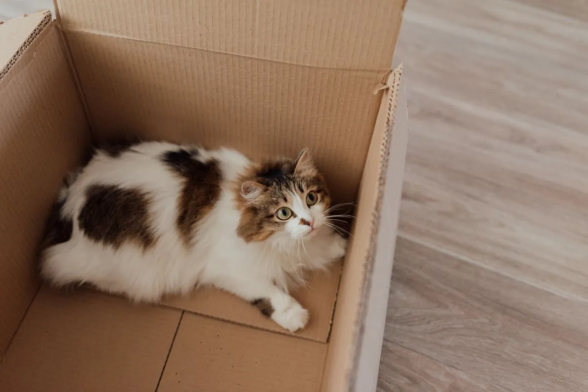 Fluffy long-haired cat lying comfortably in a cardboard box indoors