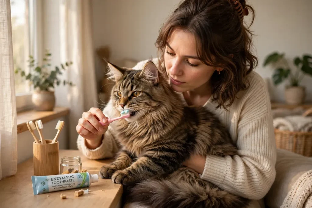 Owner brushing Maine Coon cat teeth with cat toothbrush