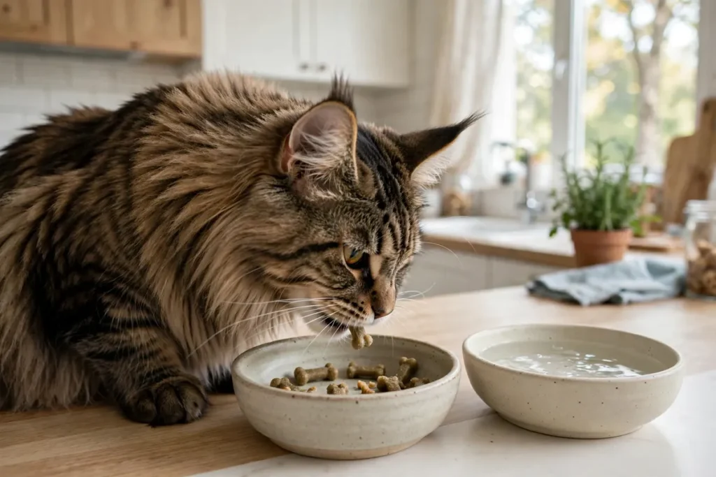 Maine Coon enjoying dental treats and water additive for oral health
