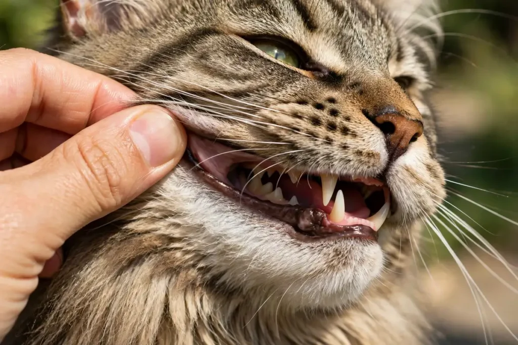 Healthy pink gums and clean teeth on a Maine Coon cat