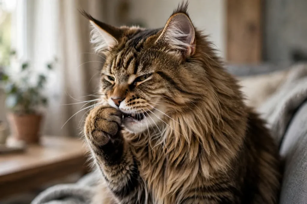 Maine Coon pawing at mouth showing sign of dental pain