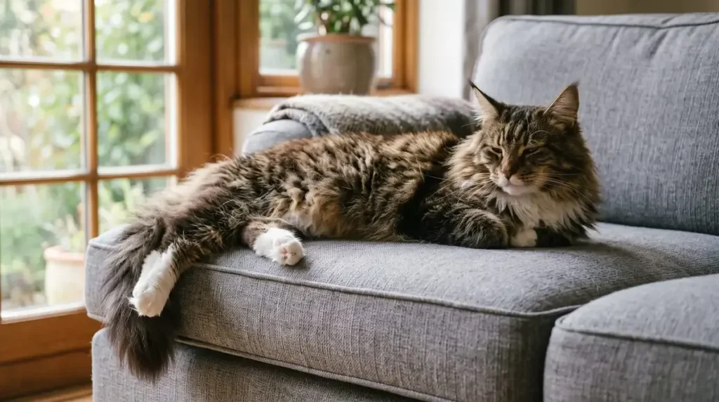 A large tabby-and-white Maine Coon stretched out full length along a grey sofa cushion